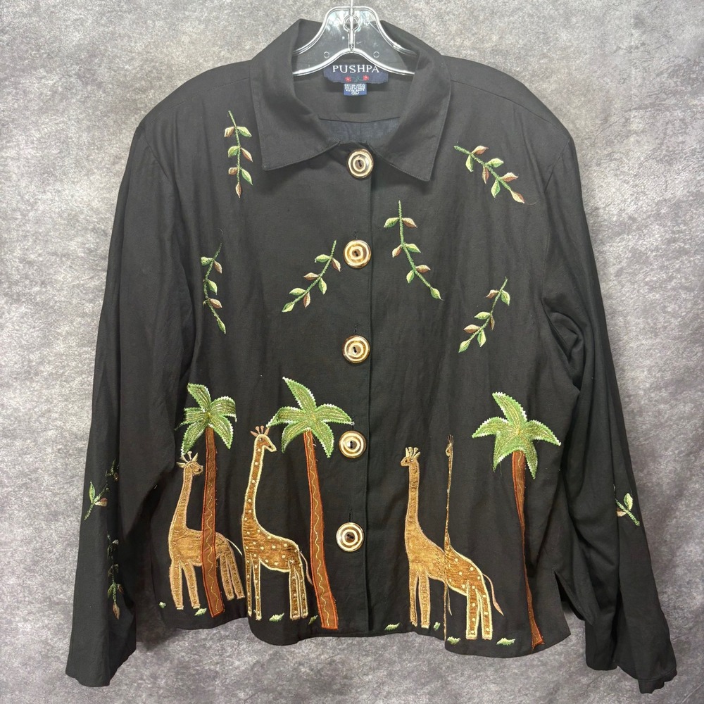 Pushpa Embroidered Applique Giraffe Jacket Womens XL Black Art to Wear Jungle